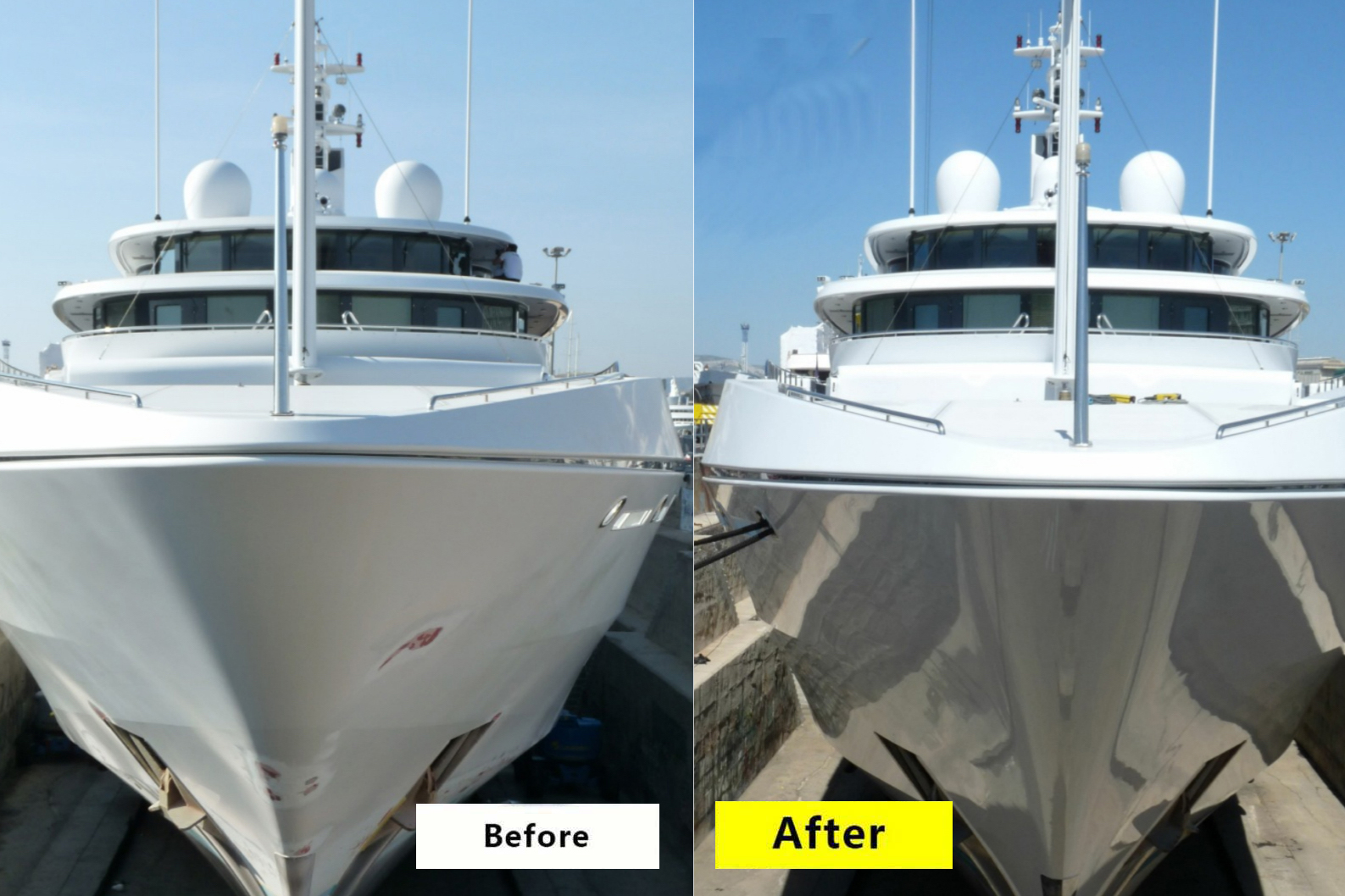 Voor en na foto coating op een jacht
